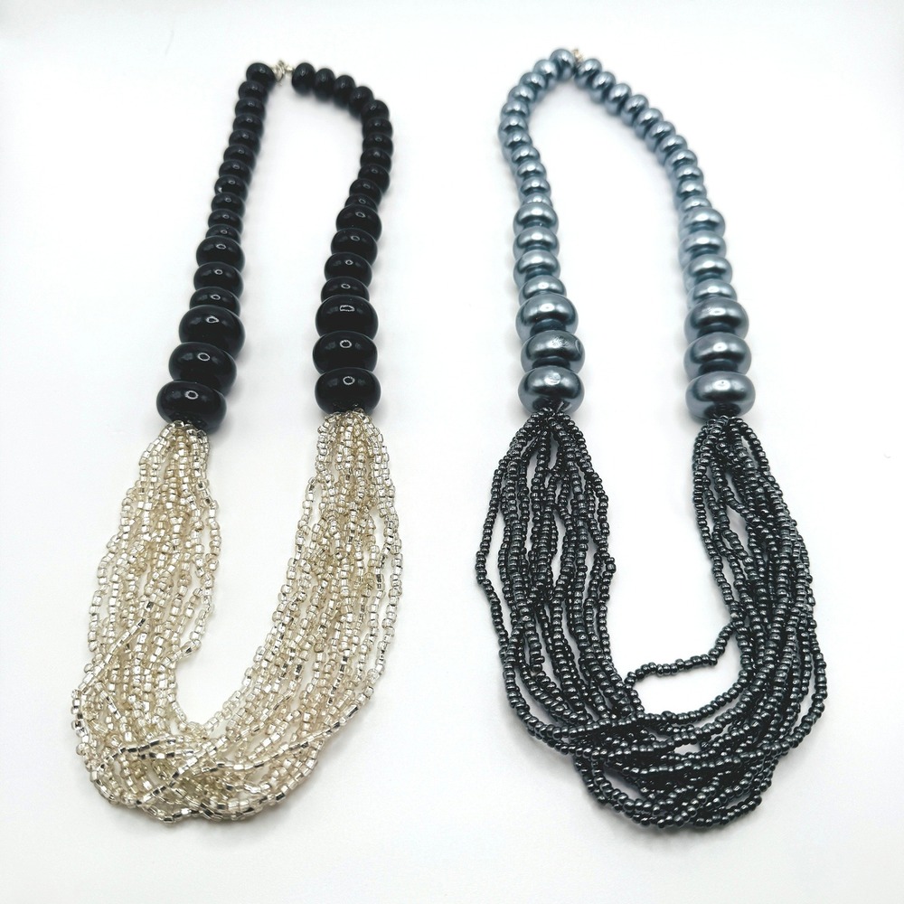 Lot 2 Multi Strand Beaded Statement Necklaces Black Silver Cream Boho Jewelry